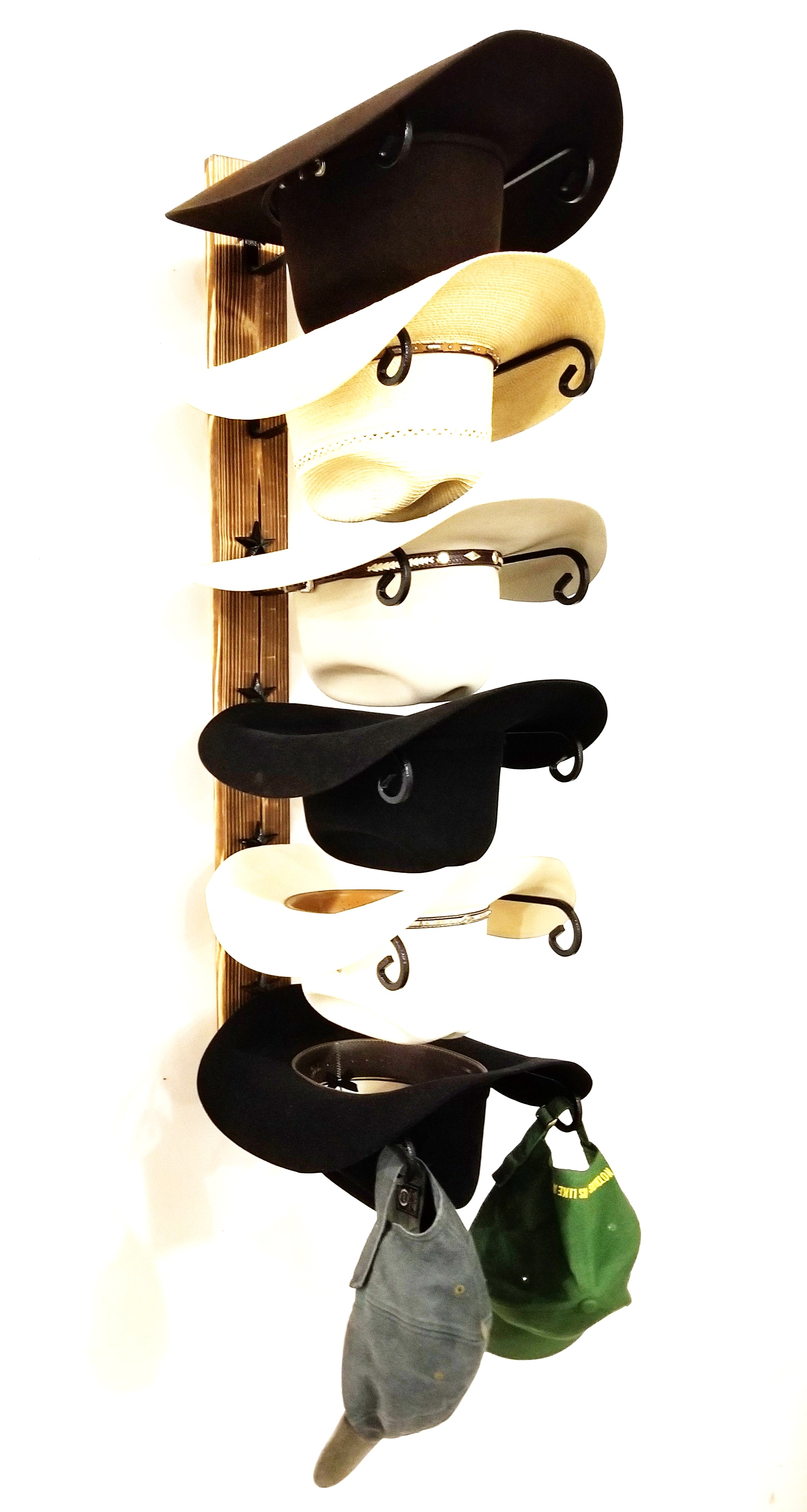 Rustic Burnt Wood Hat Rack for Wall, Hat Rack with Cast Iron