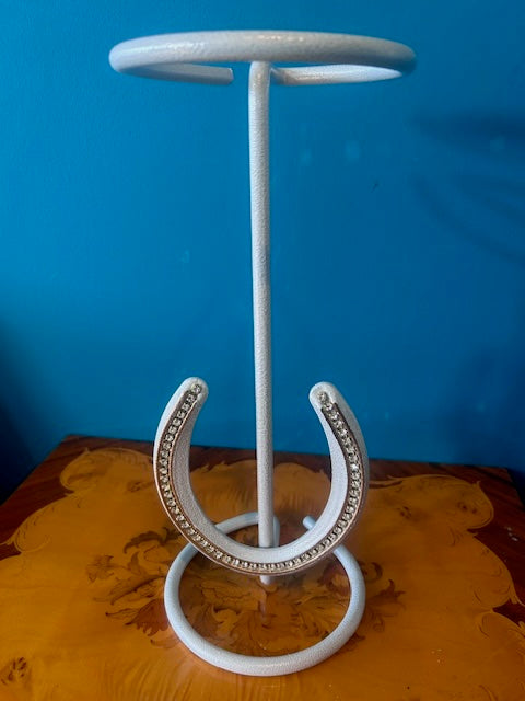 American Made Cowboy Hat Stand with Genuine Rhinestone Horse Shoe White