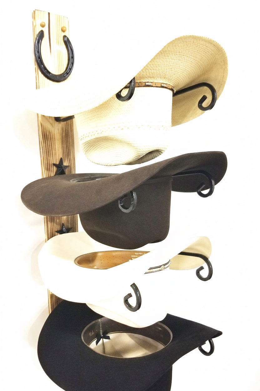 American-Made 4-Tier Cowboy Hat Rack with Horseshoe – Charred Wood