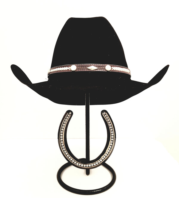 American Made Cowboy Hat Stand with Genuine Rhinestone Horse Shoe Black