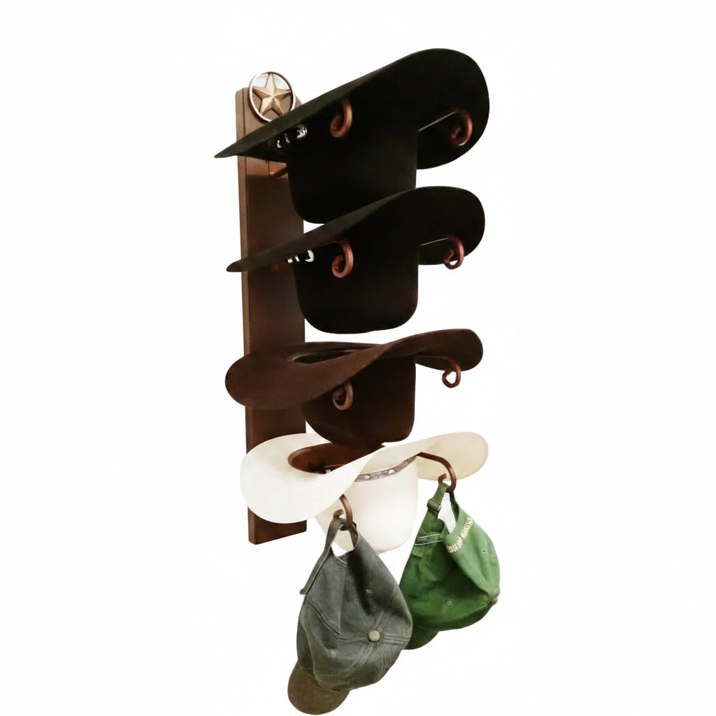 Cowboy Hat Rack for 4 Hats, American Made Steel Hat Holder, Western Wall Mount Display, Lone Star Decor