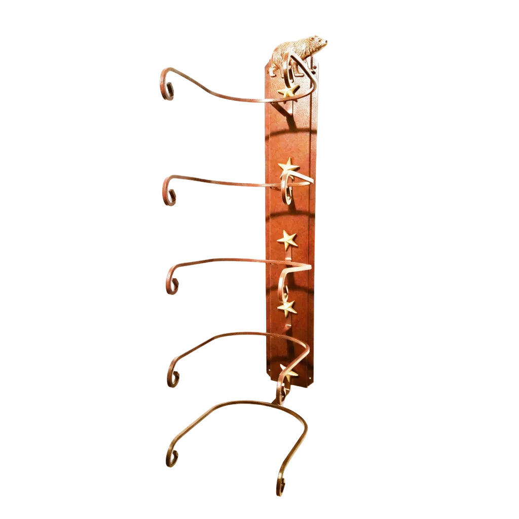 American Made 5 Hat Cowboy Hat Rack with Bear & Gold Stars - Rust Steel Wall Holder - Western Decor