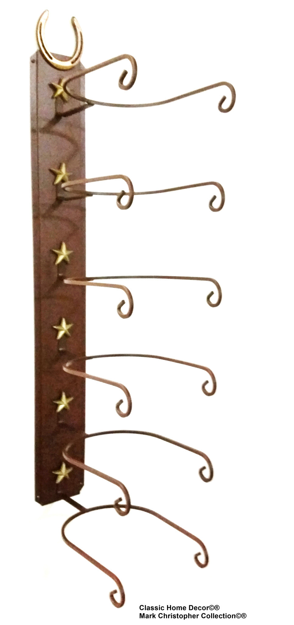 American American Made 6 Hat Cowboy Hat Rack with Genuine Horseshoe & Stars - Rust Steel Wall Holder Western Decor