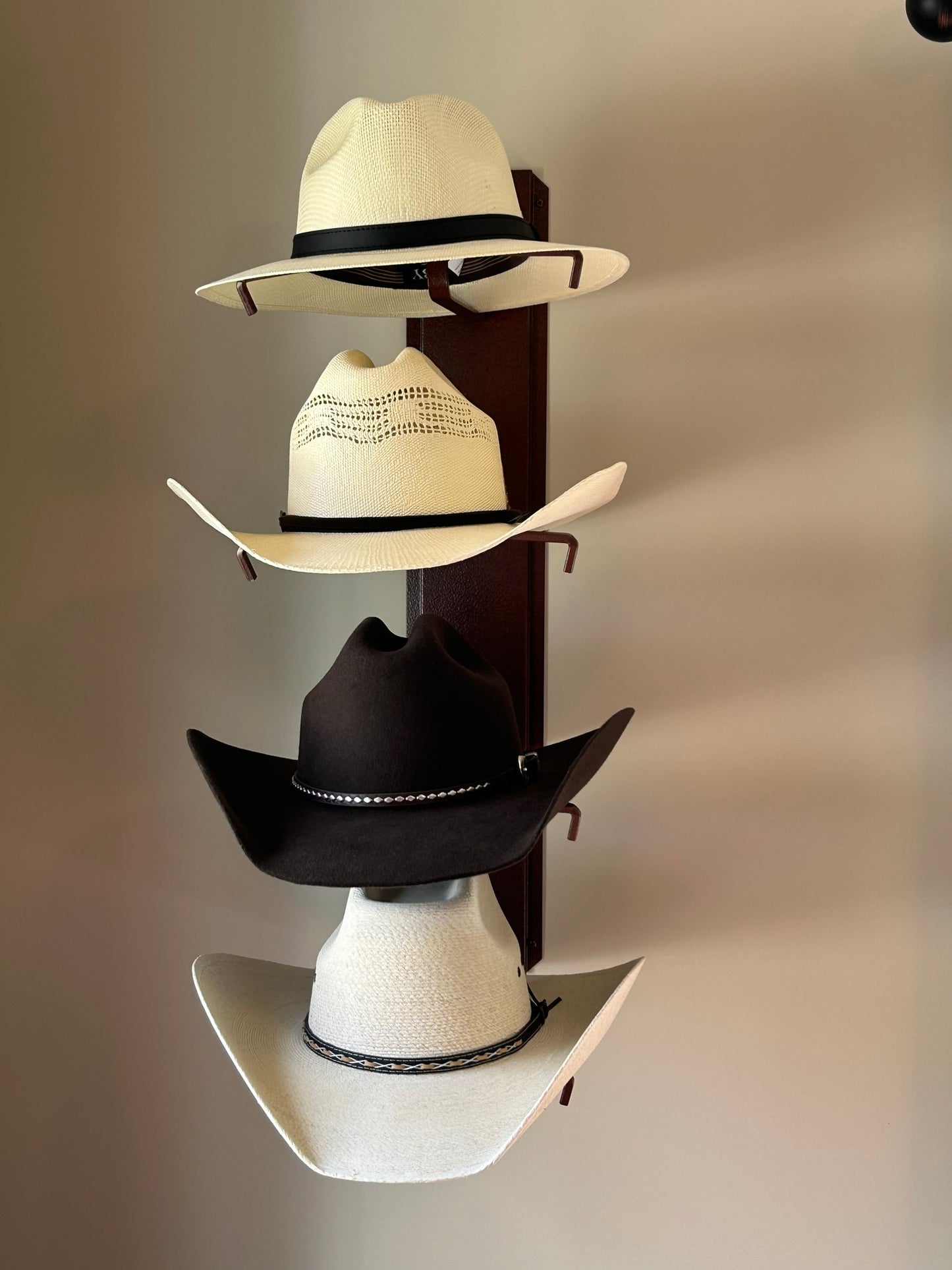 American Made Crown Up Cowboy Hat Rack – 4 Hat Wall Holder Rust | Mark Christopher Collection