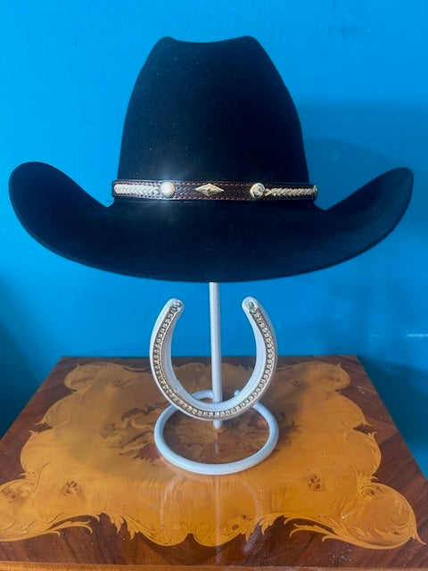 American Made Cowboy Hat Stand with Genuine Rhinestone Horse Shoe White