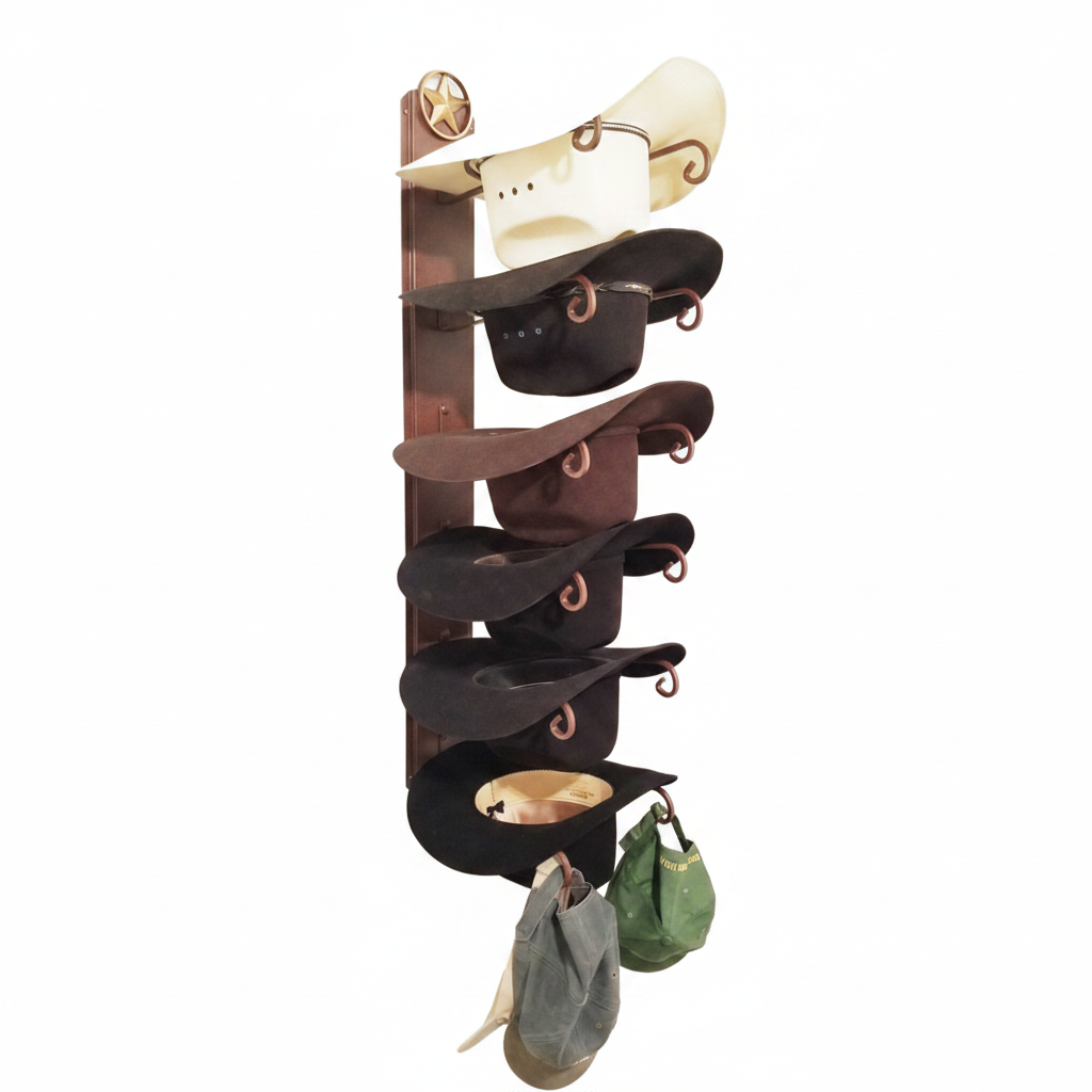 6 Hat Cowboy Hat Rack, American Made Steel Wall Mount Hat Holder, Western Lone Star Hat Display for Home or Office