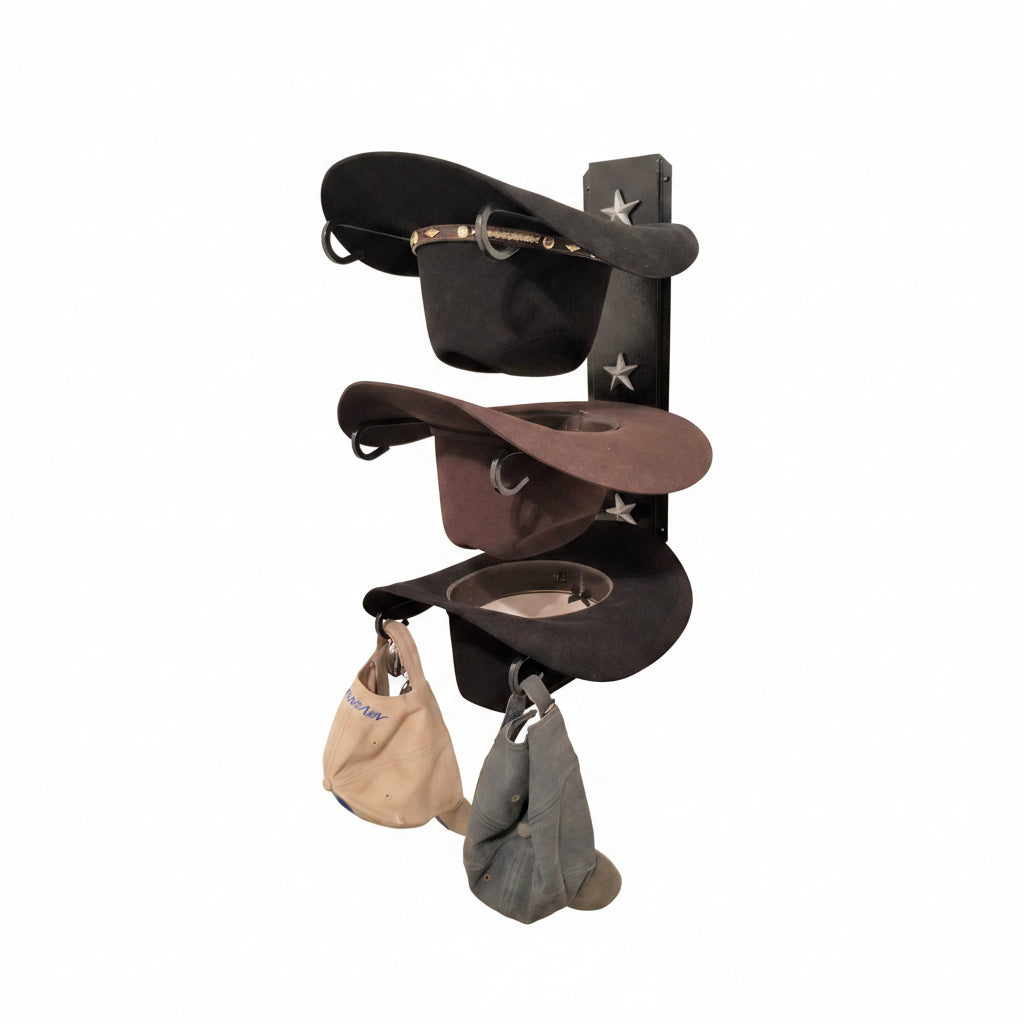 American Made 3 Hat Cowboy Hat Rack - Steel Holder with Stars - Western Decor