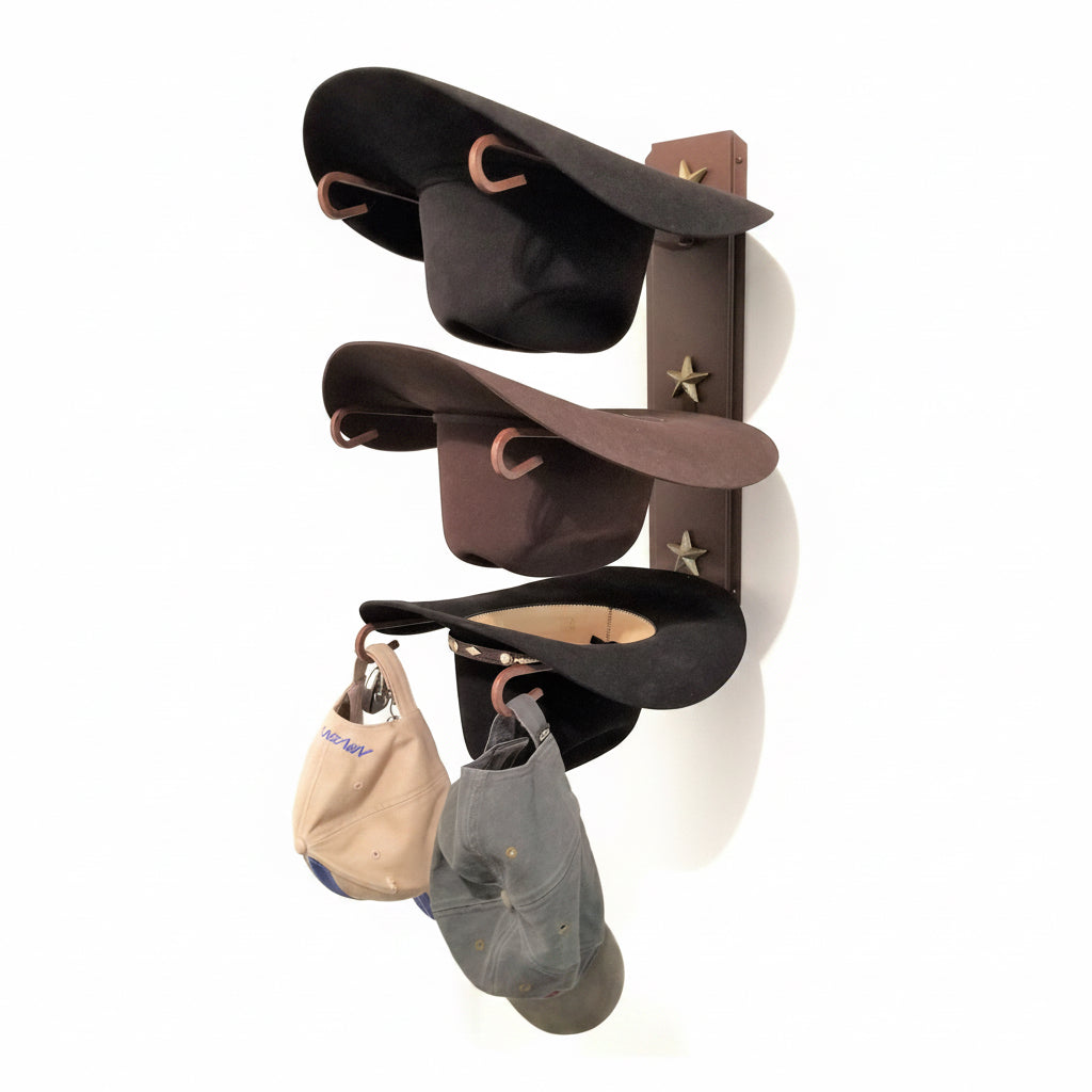American Made 3 Hat Cowboy Hat Rack - Steel Holder with Stars - Western Decor