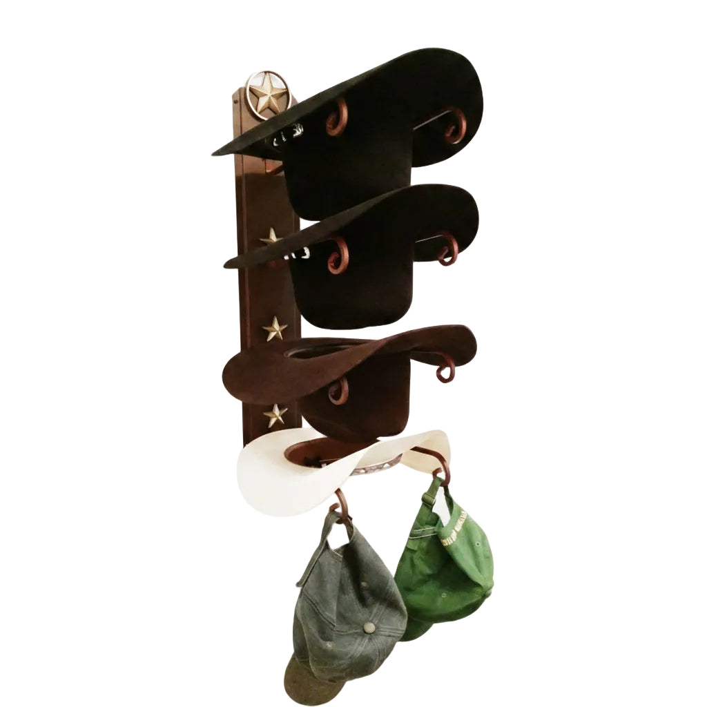 Cowboy Hat Rack for 4 Hats, American Made Steel Hat Holder, Western Wall Mount Display, Lone Star Decor