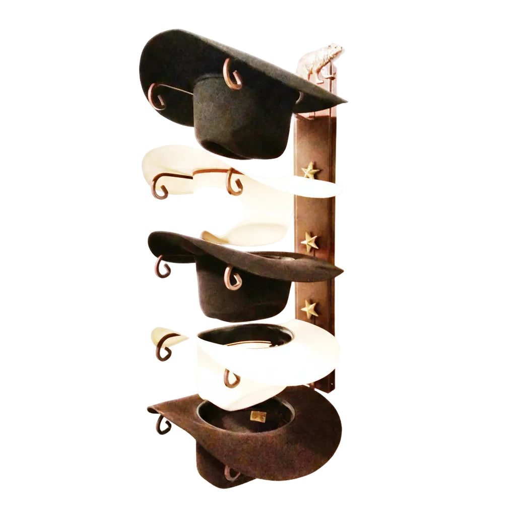American Made 5 Hat Cowboy Hat Rack with Bear & Gold Stars - Rust Steel Wall Holder - Western Decor