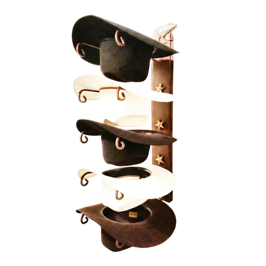 American Made 5 Hat Cowboy Hat Rack with Bear & Gold Stars - Rust Steel Wall Holder - Western Decor