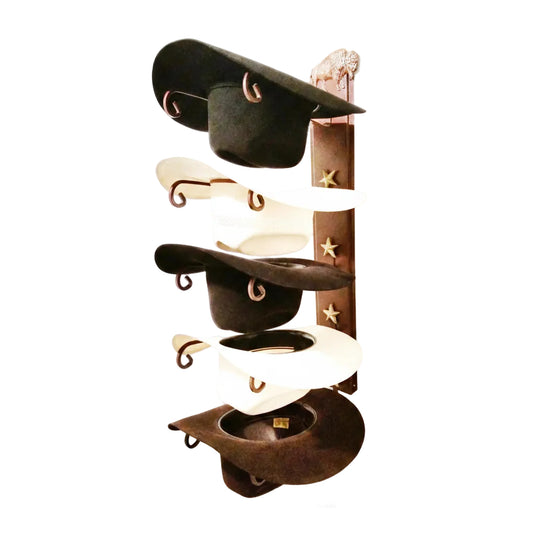 American Made 5 Hat Cowboy Hat Rack with Bison & Gold Stars - Wall Mounted Rust Steel Hat Holder - Western Decor