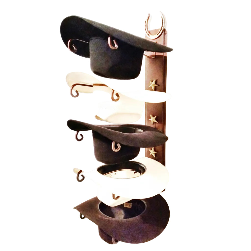American-made 5 hat cowboy hat rack with genuine horseshoe and gold stars. Rust steel wall holder protects hats and adds bold Western decor.