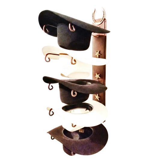 American-made 5 hat cowboy hat rack with genuine horseshoe and gold stars. Rust steel wall holder protects hats and adds bold Western decor.