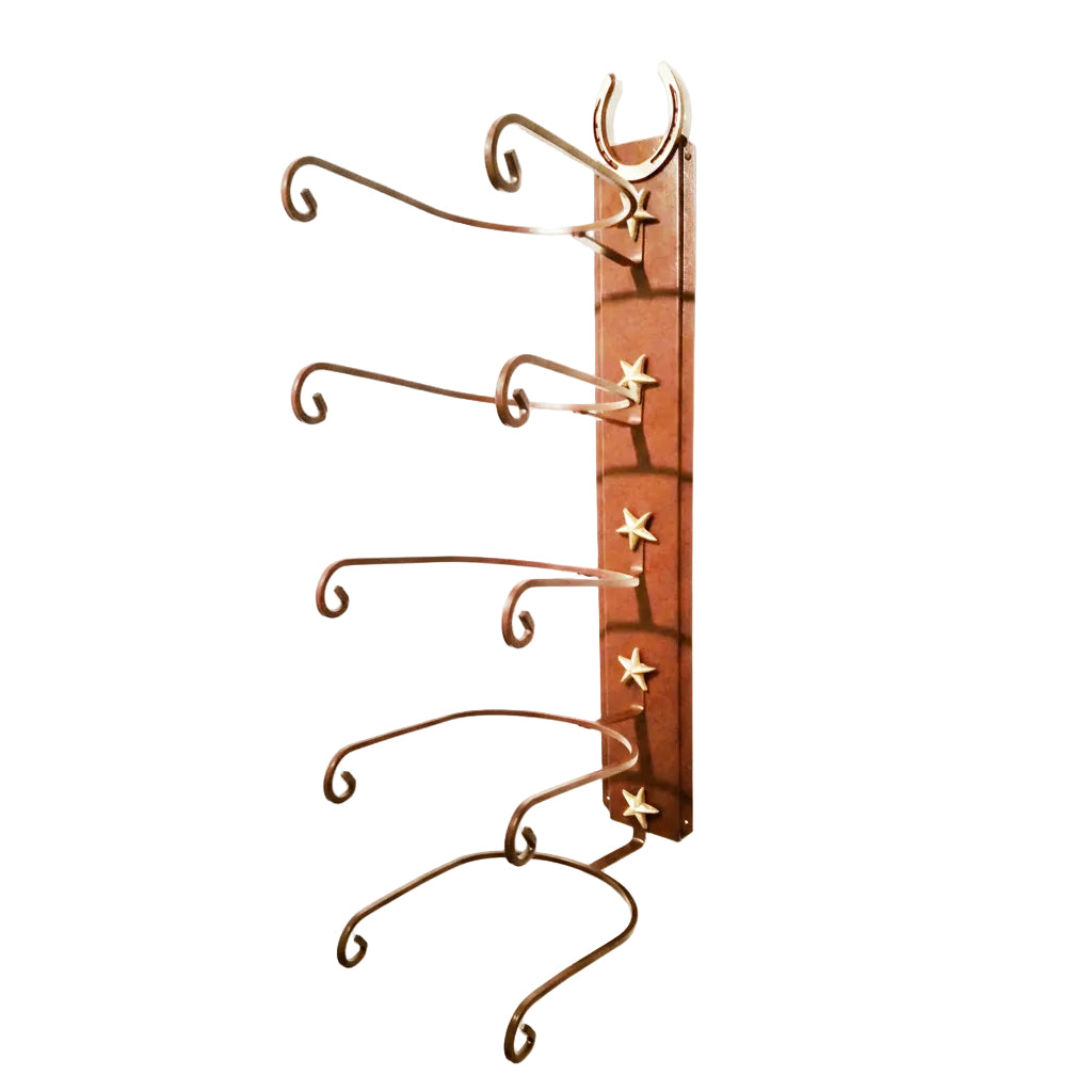 American-made 5 hat cowboy hat rack with genuine horseshoe and gold stars. Rust steel wall holder protects hats and adds bold Western decor.