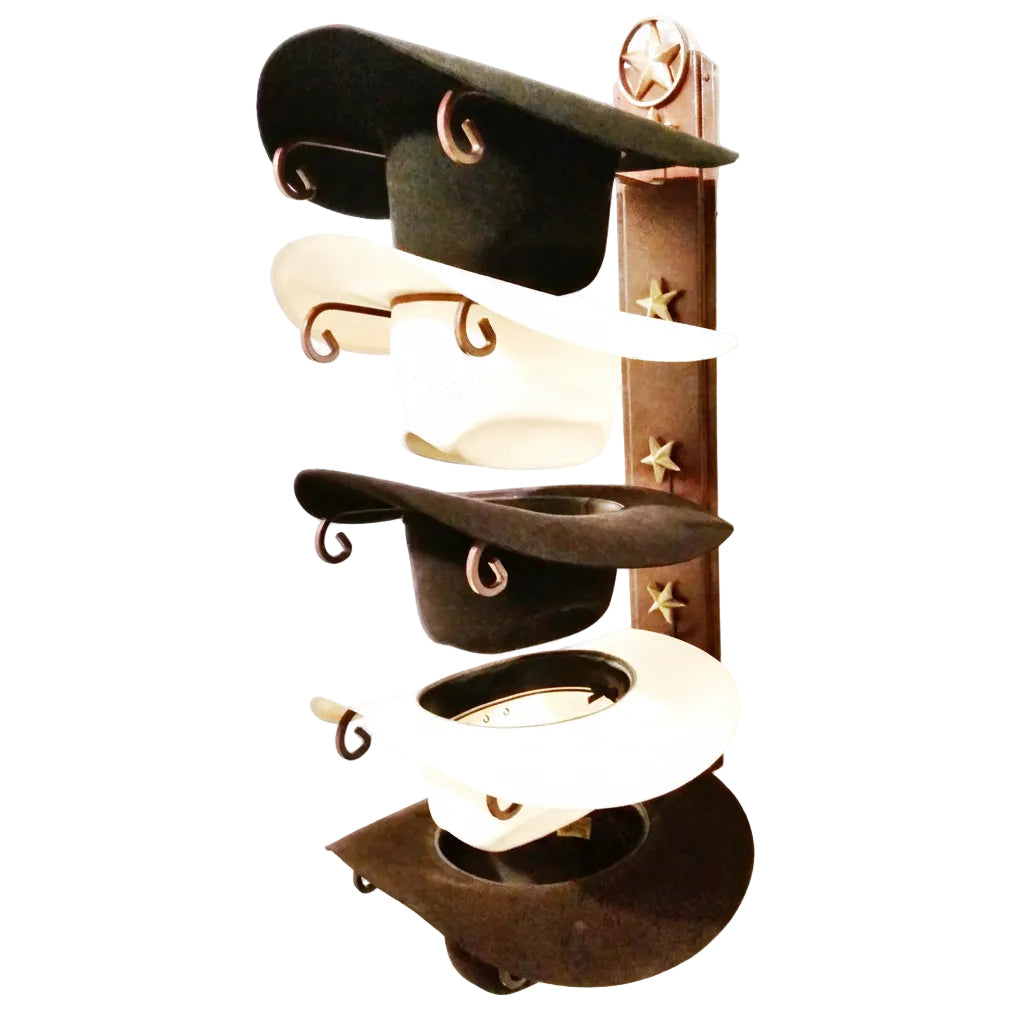 American Made 5 Hat Cowboy Hat Rack with Lone Star & Gold Stars – Wall Mounted Rust Steel Hat Holder – Western Decor – Made in USA – Mark Christopher Collection