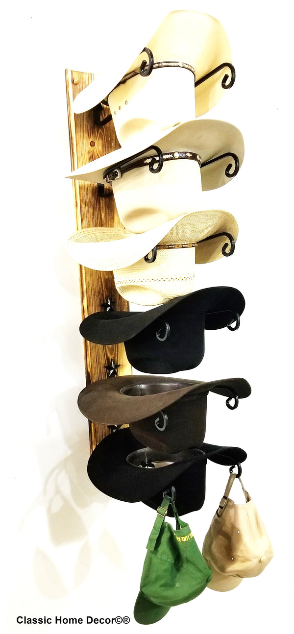 American Made Cowboy Hat Racks with STARS Charred 6 Tier