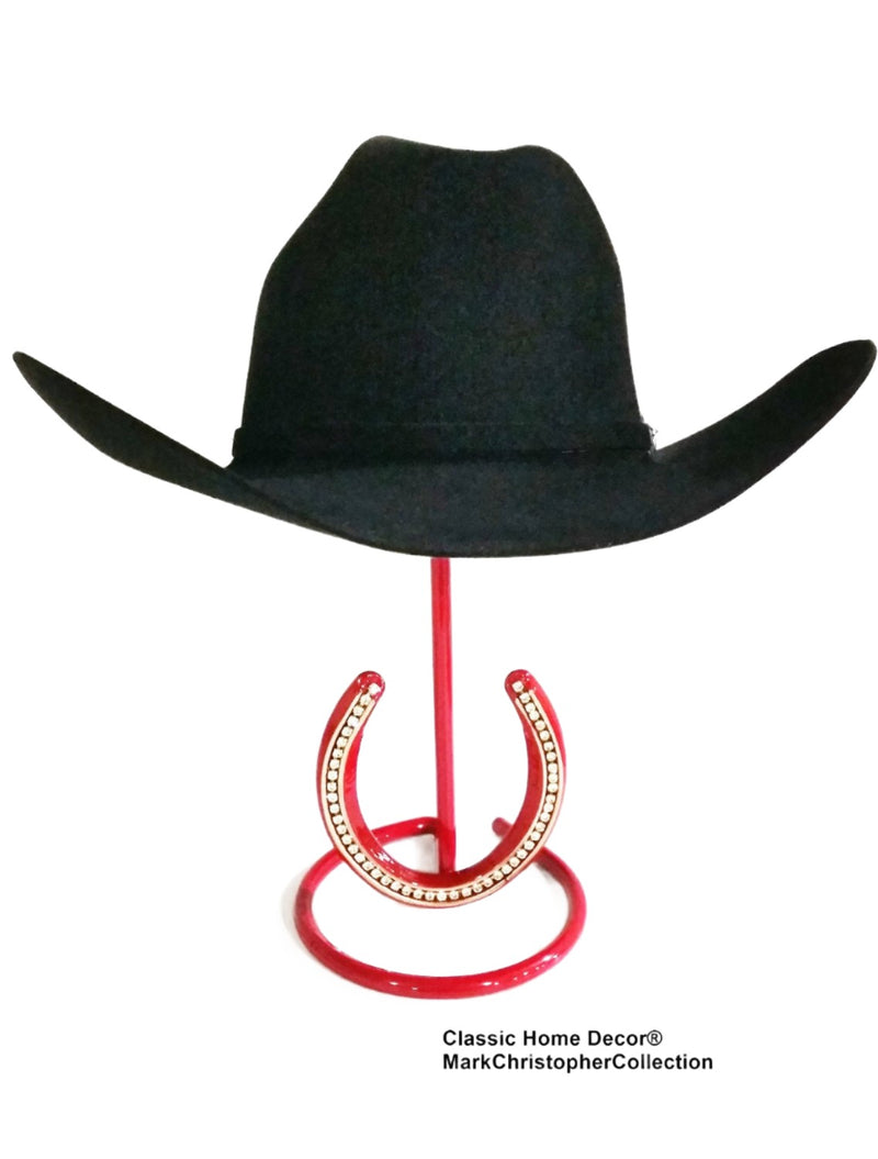 American Made Cowgirl Hat Stand with Rhinestone Horseshoe Red USA