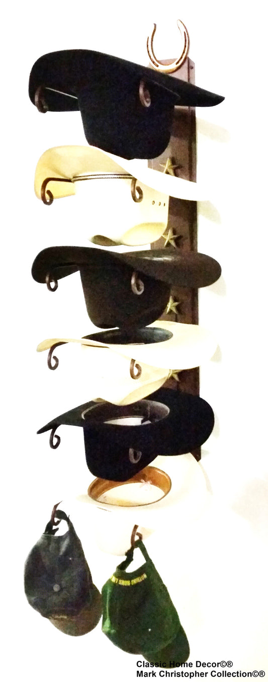 American American Made 6 Hat Cowboy Hat Rack with Genuine Horseshoe & Stars - Rust Steel Wall Holder Western Decor