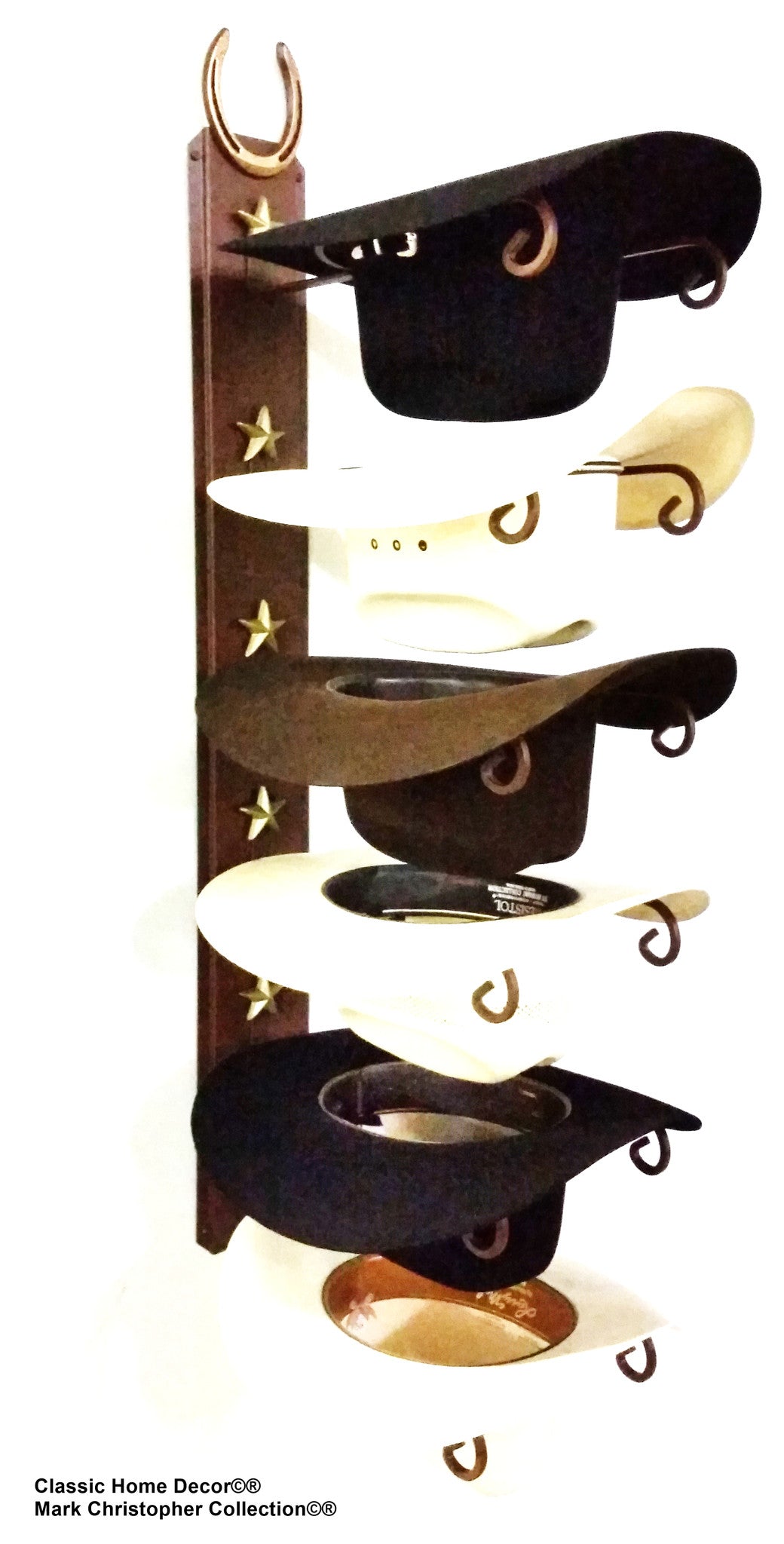 American American Made 6 Hat Cowboy Hat Rack with Genuine Horseshoe & Stars - Rust Steel Wall Holder Western Decor