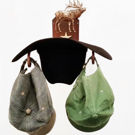 American Made Cowboy Hat Holder with Elk – Steel Wall Mount Hat Rack, Western Hat Display, Mark Christopher Collection