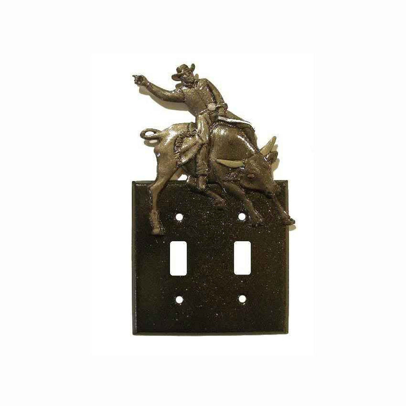 Double Switch Plate with Bull Rider /Black with Hand Finish
