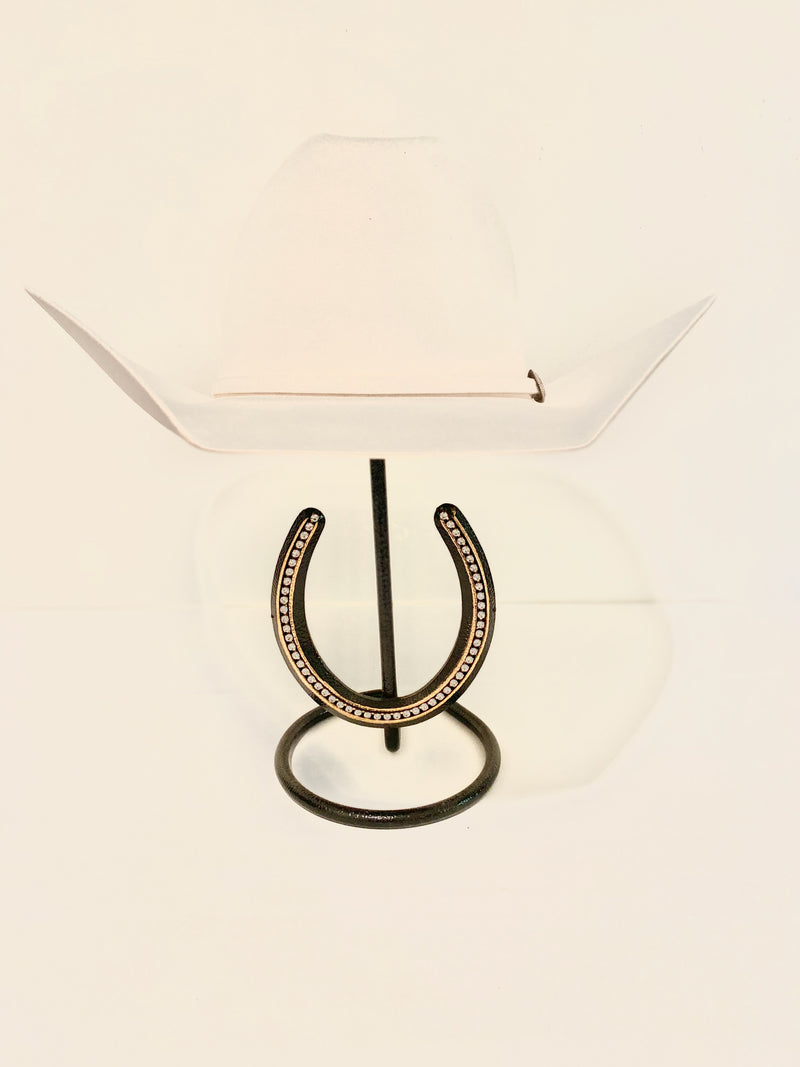 American Made Cowboy Hat Stand with Genuine Rhinestone Horse Shoe Black
