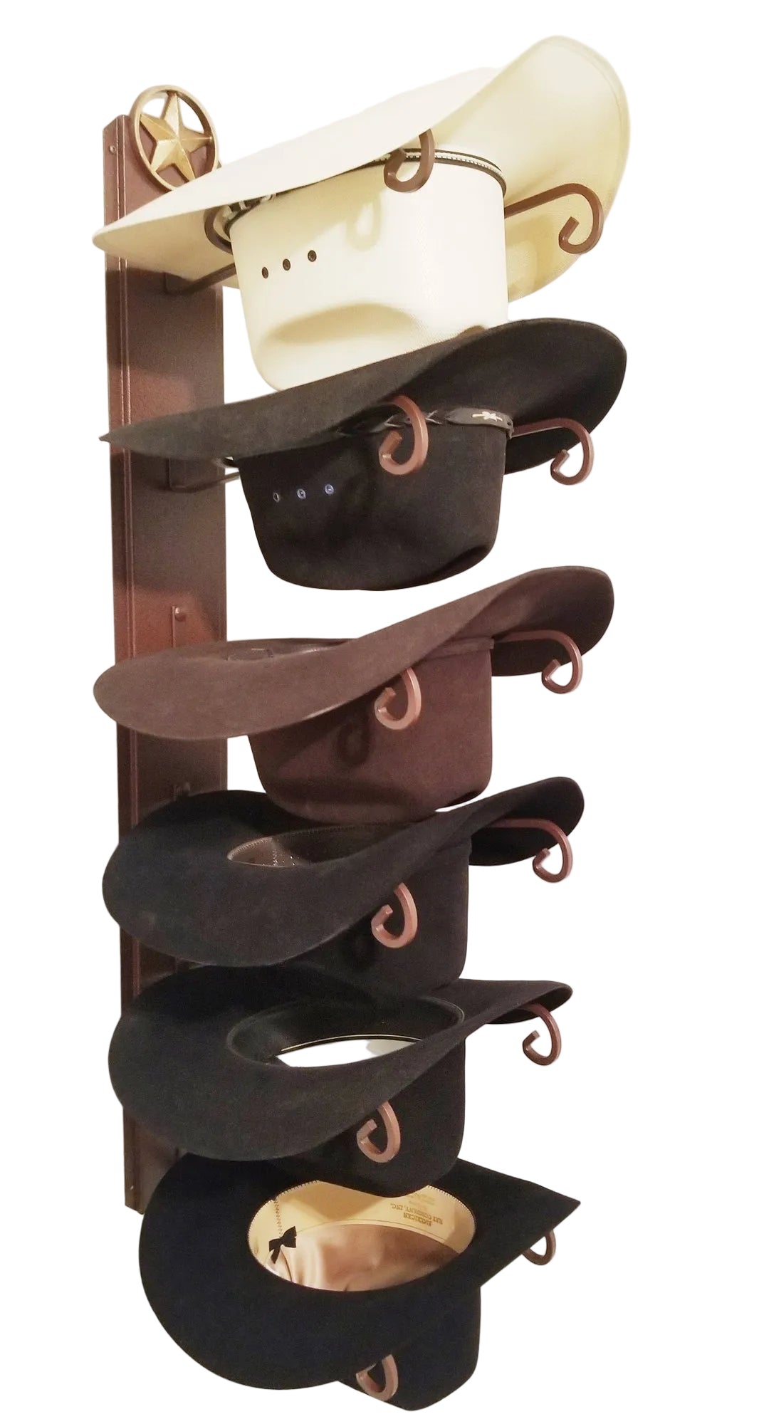 6 Hat Cowboy Hat Rack, American Made Steel Wall Mount Hat Holder, Western Lone Star Hat Display for Home or Office