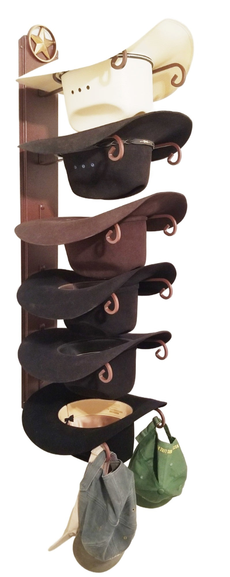 6 Hat Cowboy Hat Rack, American Made Steel Wall Mount Hat Holder, Western Lone Star Hat Display for Home or Office